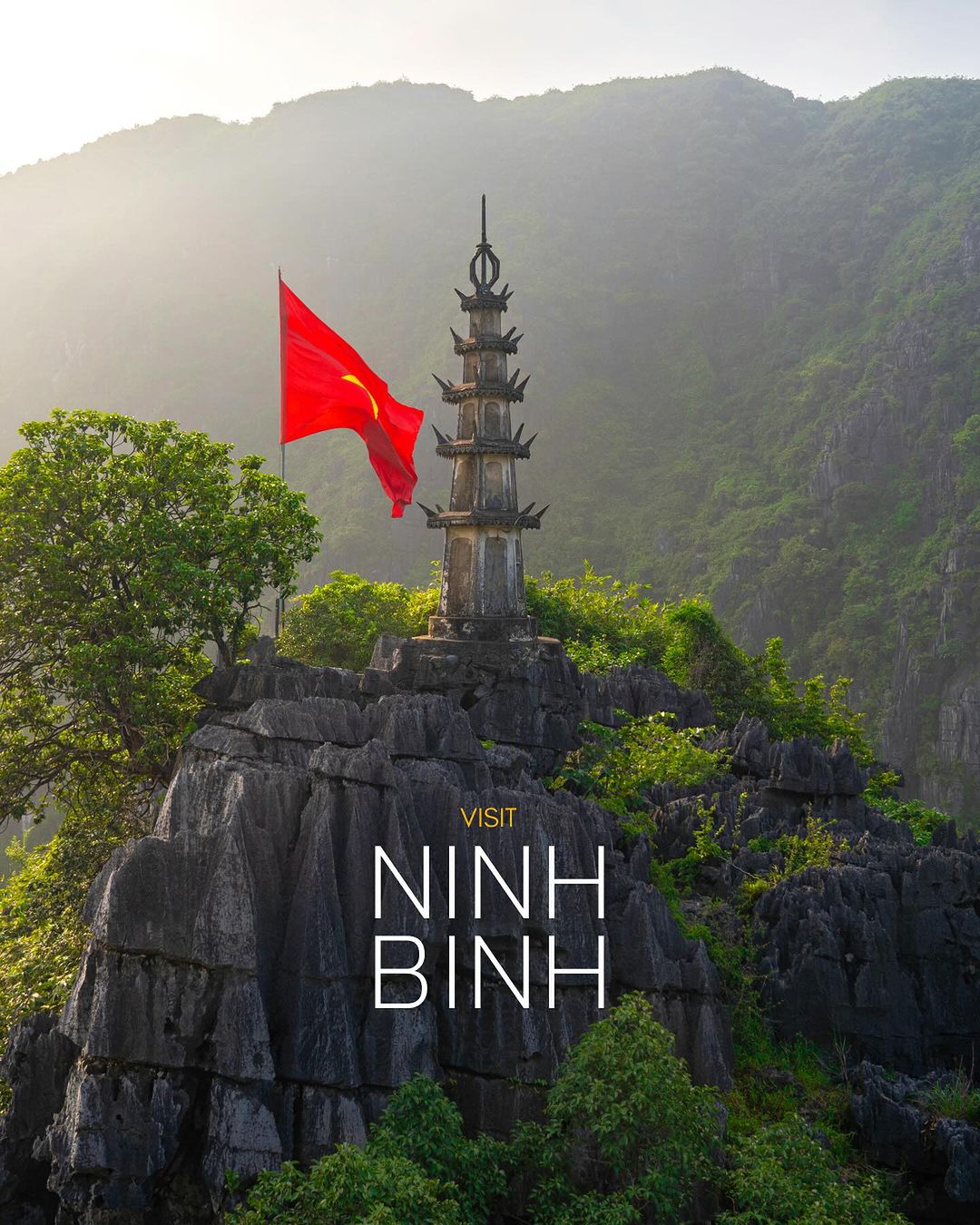 Scenic Ninh Binh mountain landscape with ancient pagoda and lush greenery, perfect for trekking and.