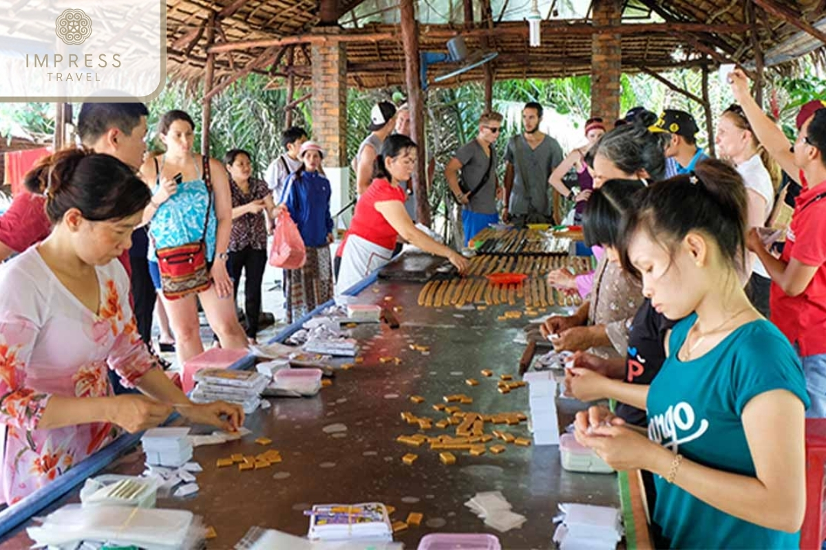 People shopping at a local market in Vietnam, vibrant scene, cultural experience, lively atmosphere,.