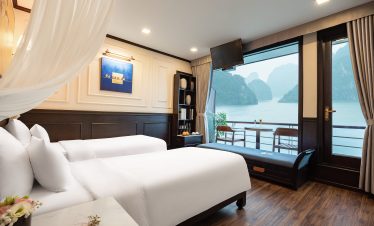 Stunning view from a luxury cruise balcony in Lan Ha Bay, Vietnam, perfect for relaxing and sightsee.