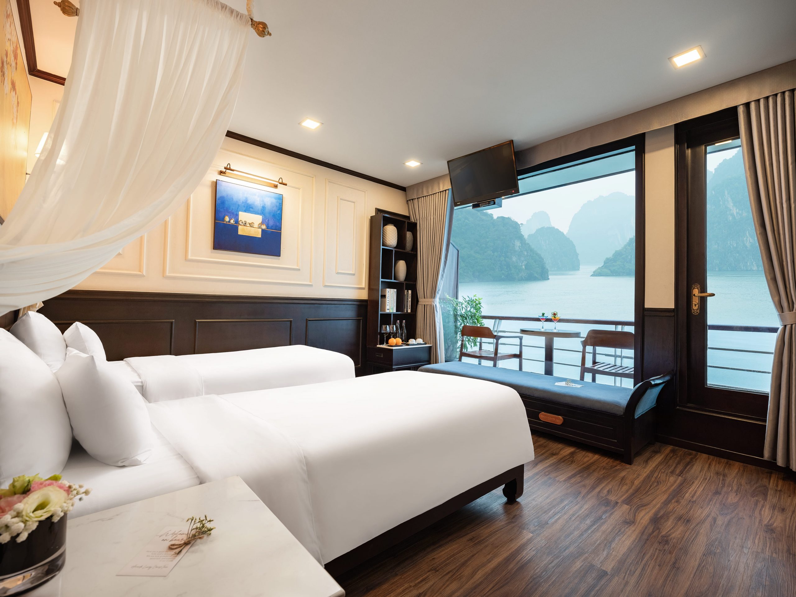 Stunning view from a luxury cruise balcony in Lan Ha Bay, Vietnam, perfect for relaxing and sightsee.