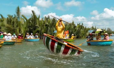 Vivid scene of kayaking through lush green waters surrounded by tropical foliage in Halong Bay, capt.