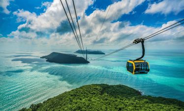 Stunning view of Halong Bay from cable car, showcasing turquoise waters and lush islands, perfect fo.