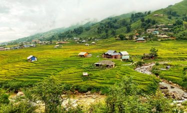 Beautiful mountain village in Sapa with lush green terraced fields and traditional houses, perfect f.