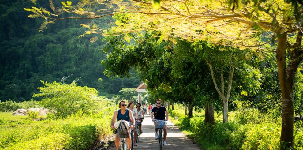 Vivid scene of travelers kayaking through lush green landscapes in Lan Ha Bay, capturing the essence.