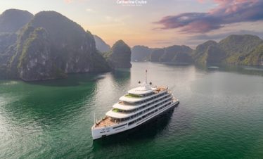 Stunning view of a luxury cruise sailing through Halong Bay's emerald waters surrounded by towering.