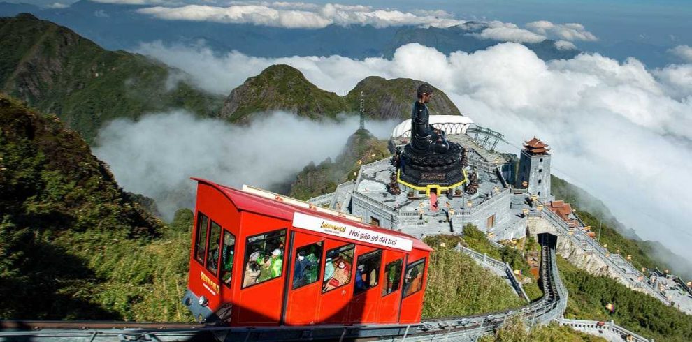 Cable car ride over lush mountains in Vietnam, offering breathtaking views and a sense of adventure.