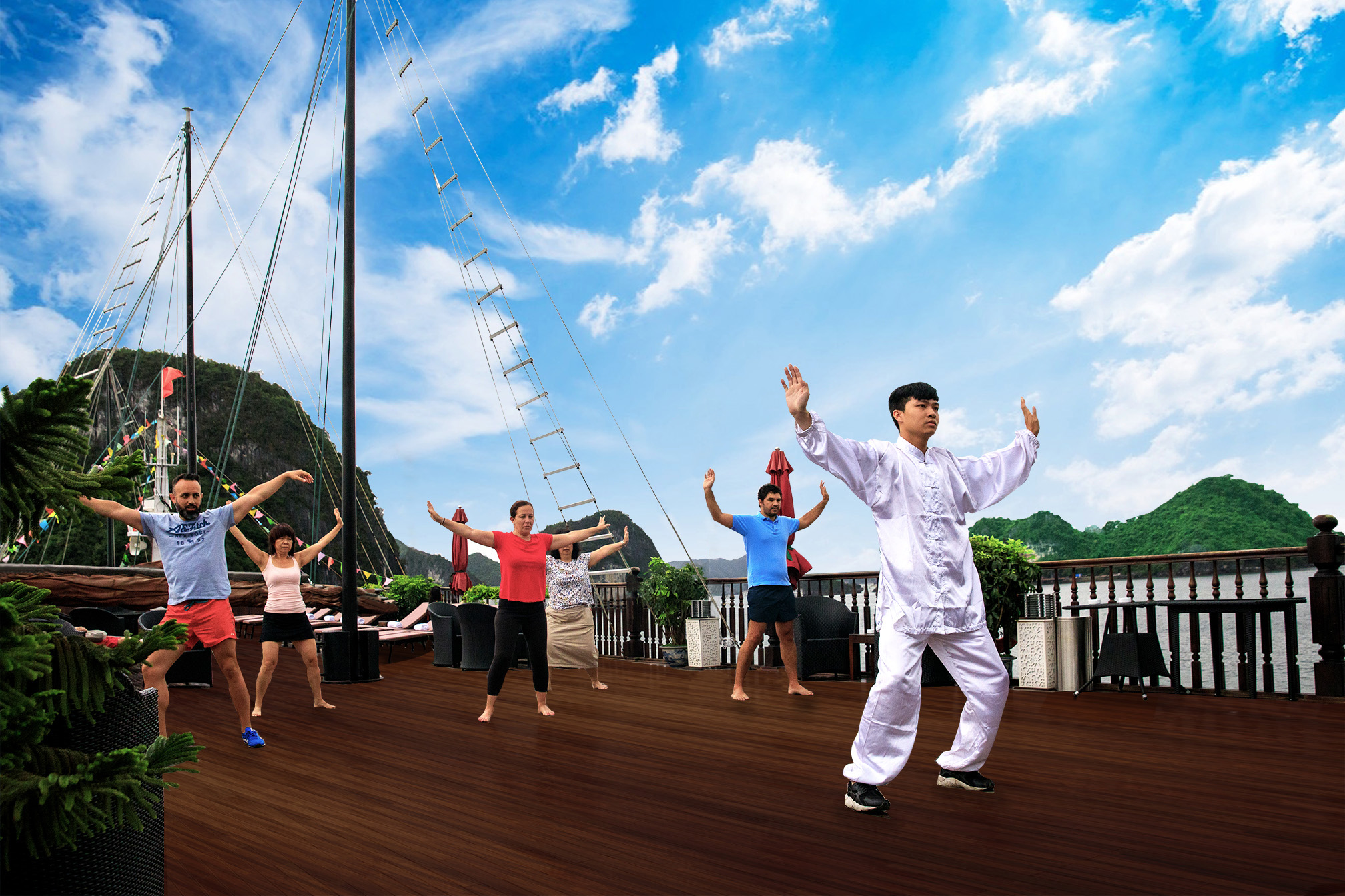 Tai Chi on Halong Bay cruise deck with scenic limestone karsts in the background, offering a peacefu.