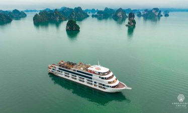 Halong Bay scenic view with cruise ship and limestone karsts, tranquil waters, and misty atmosphere.
