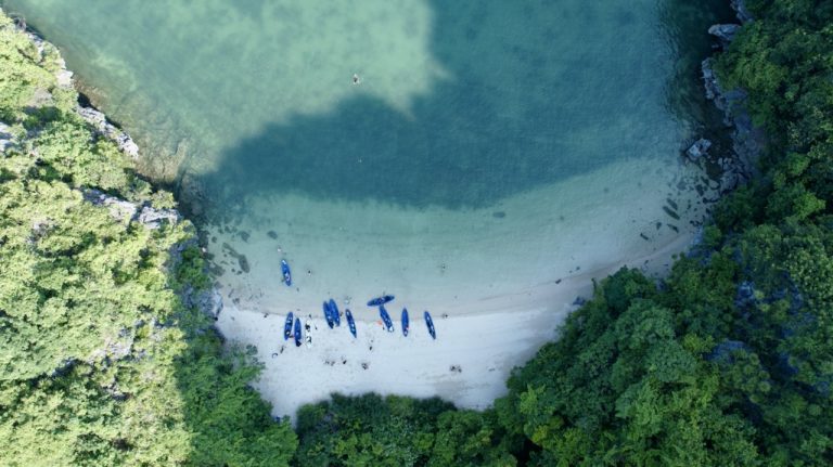 Aerial view of Bai Tu Long Bay with turquoise waters and lush green islands, perfect for a luxury cr.