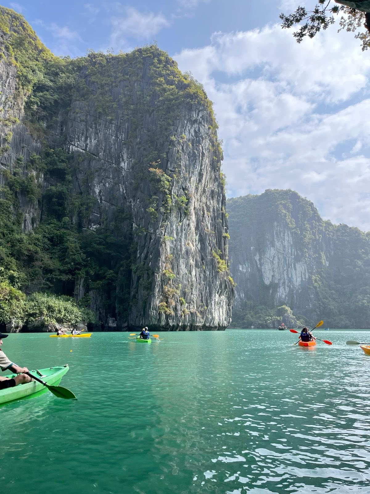 Kayakers exploring the stunning limestone karsts of Halong Bay on a clear day.