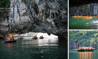 Stunning Halong Bay cruise with kayakers exploring majestic limestone karsts and emerald waters.