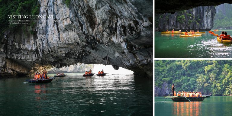 Stunning Halong Bay cruise with kayakers exploring majestic limestone karsts and emerald waters.