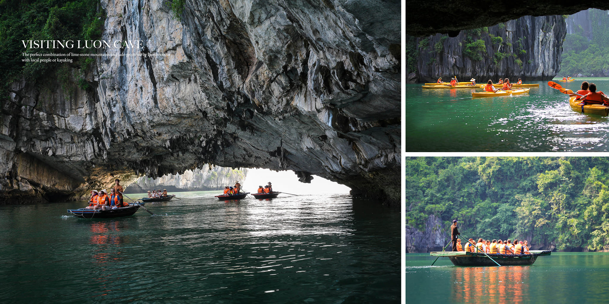 Stunning Halong Bay cruise with kayakers exploring majestic limestone karsts and emerald waters.