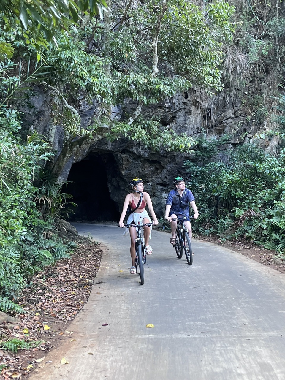 Two travelers cycling through lush forest trail in Sapa, Vietnam, enjoying trekking adventure in sce.