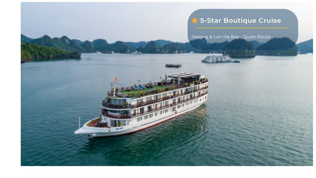 Luxurious Halong Bay cruise ship with scenic views and relaxing amenities.