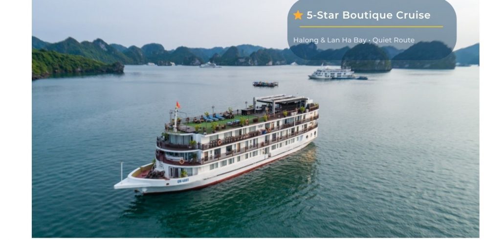 Luxurious Halong Bay cruise ship with scenic views and relaxing amenities.