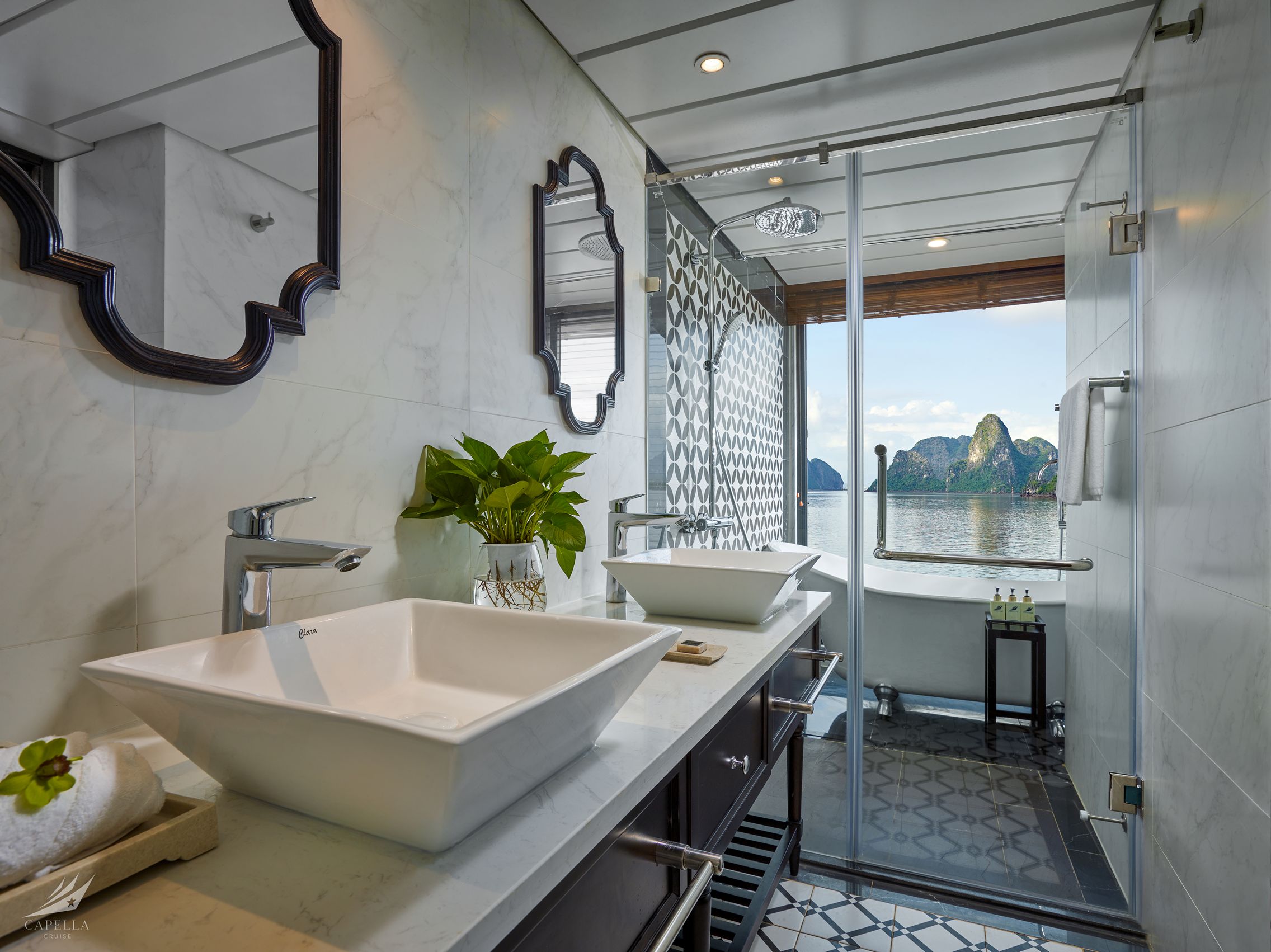 Luxury river view bathroom with modern fixtures and elegant decor in Vietnam.
