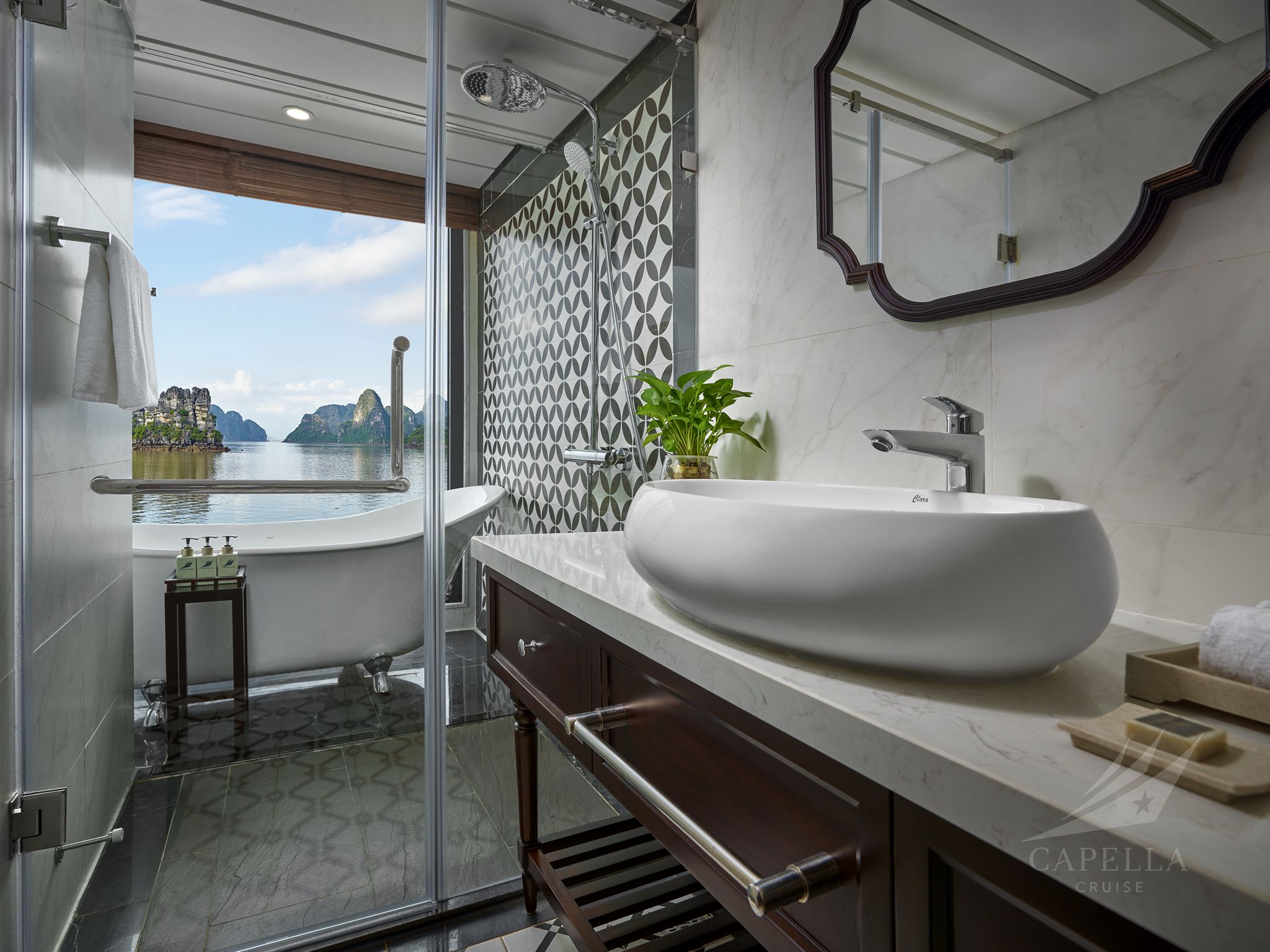 Stunning luxury bathroom with sea view, modern fixtures, and elegant design, perfect for relaxation.