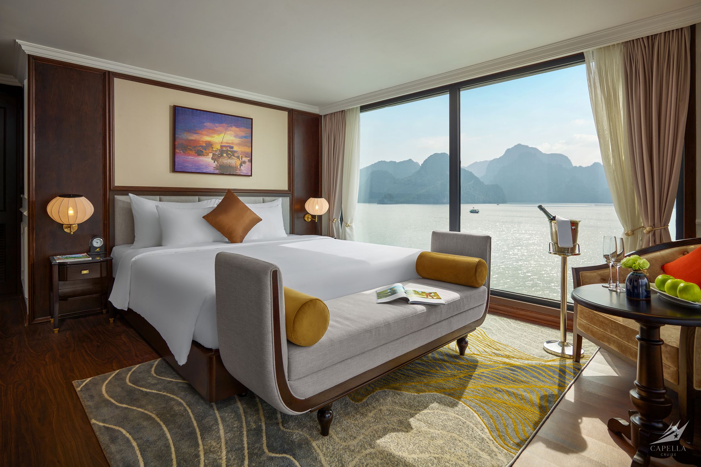 Luxurious hotel bedroom with sea view in Vietnam, modern decor and elegant furnishings.