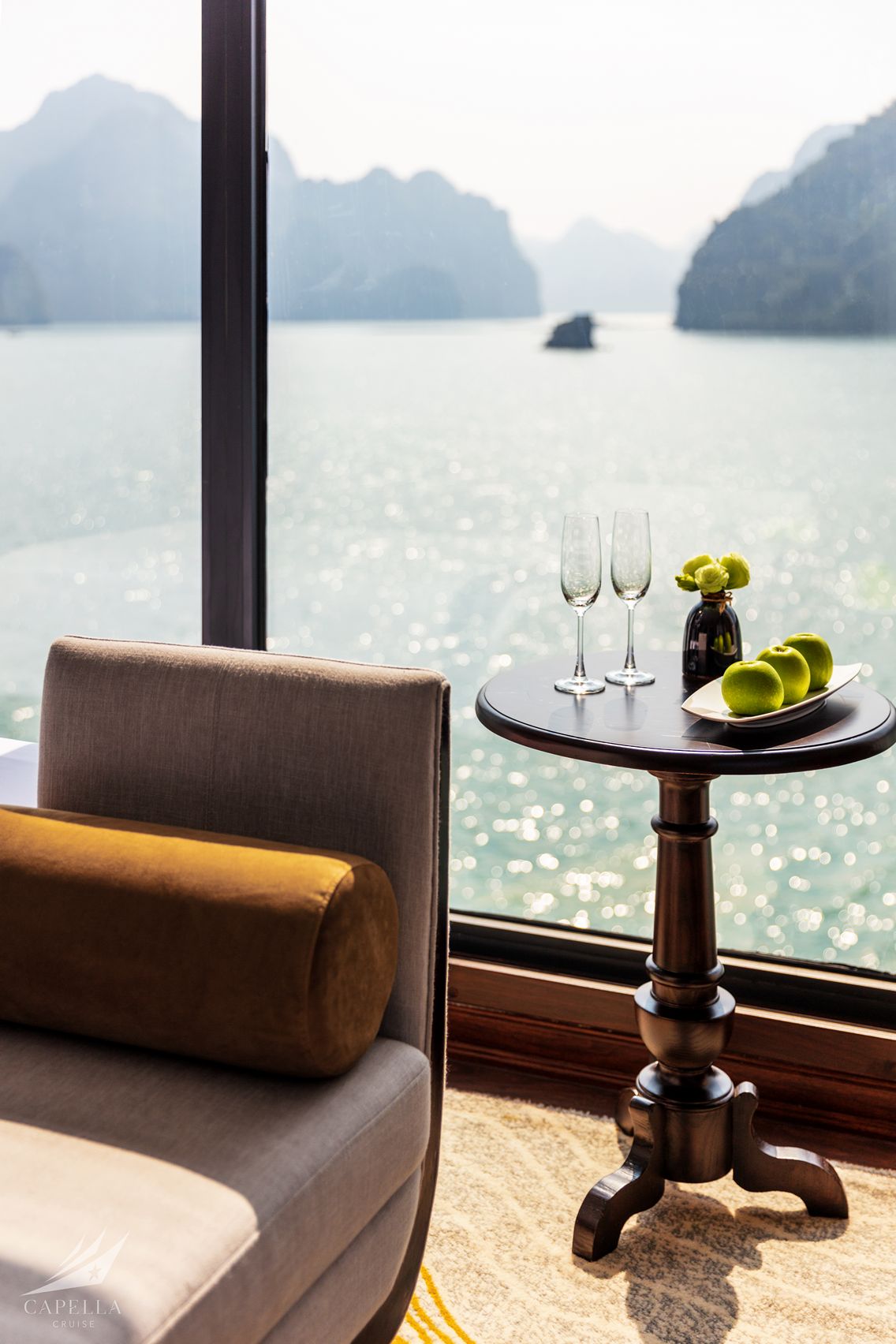 Stunning waterscape view from a luxurious hotel room in Vietnam.