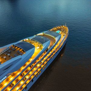 Luxury cruise yacht at sunset, Vietnam travel, scenic boat tour for vacation.