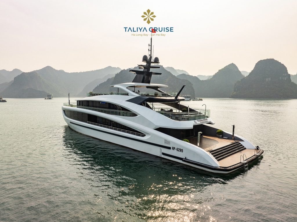 Elegant cruise balcony overlooking Halong Bay's limestone karsts, perfect for relaxing and sightseei.