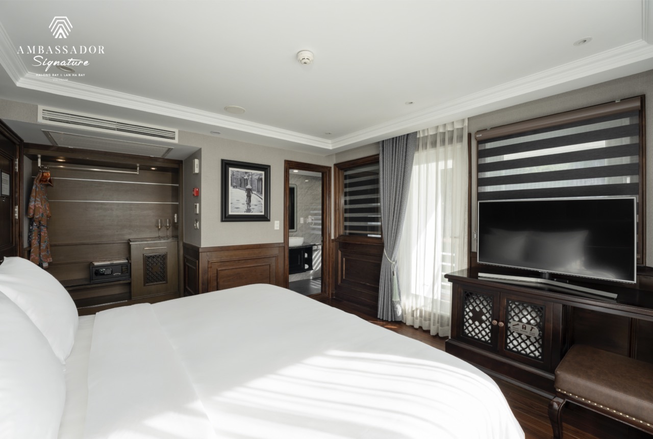 Elegant cruise room with comfortable bed, flat-screen TV, and scenic window views.