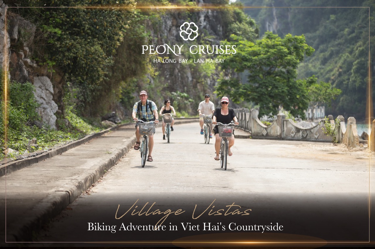 Biking along scenic village roads in Halong Bay's countryside, capturing peaceful rural landscapes.