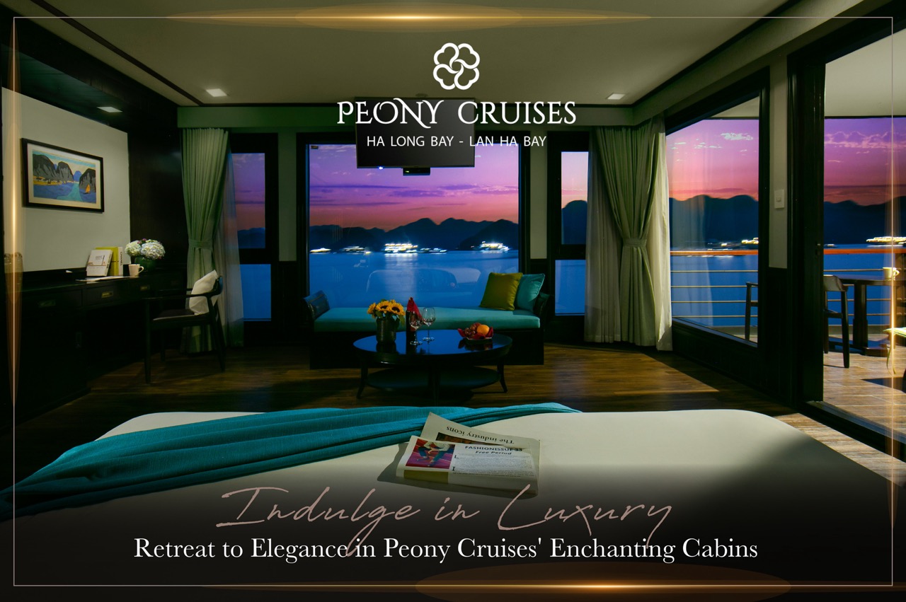 Luxurious cruise balcony view of Halong Bay at sunset, perfect for a romantic getaway.