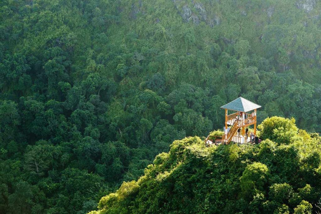 Breathtaking view of green forested mountain with a small pavilion, perfect for nature lovers and ad.