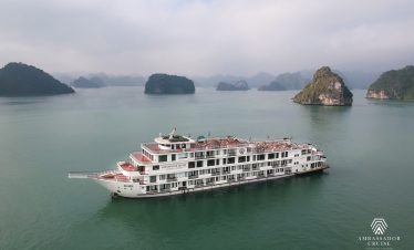 Cruise ship sailing through Halong Bay with limestone karsts and calm waters.