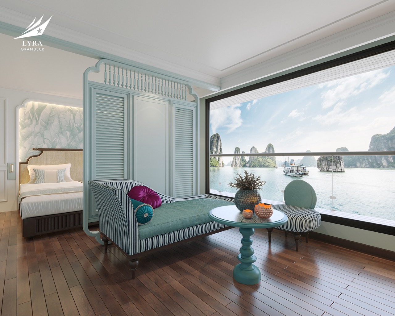 Ocean view luxury hotel room with sea vessel and karst islands in the background, bright and airy with modern decor.