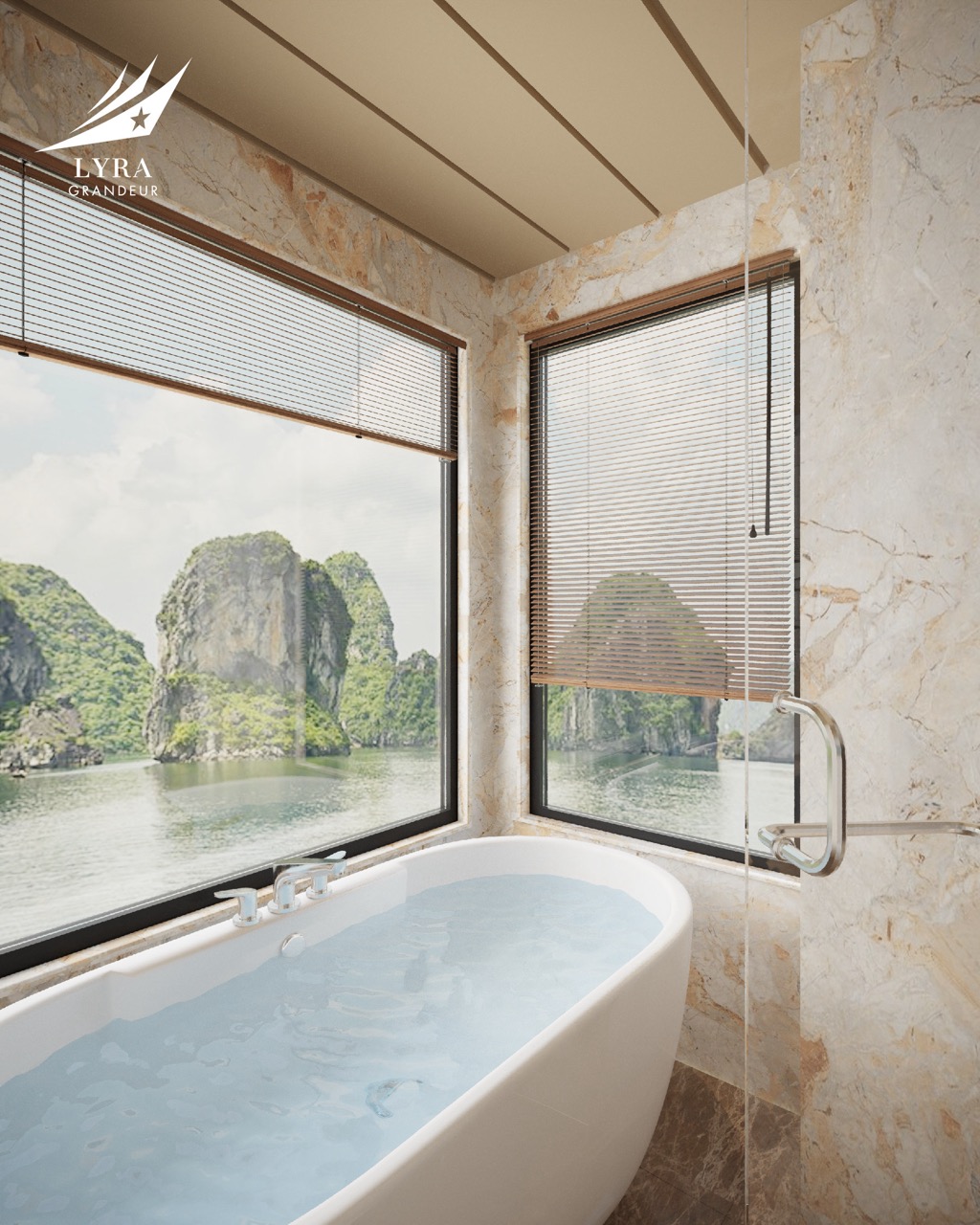 Breathtaking view from luxury bathtub with scenic limestone karsts and water scene in the background.