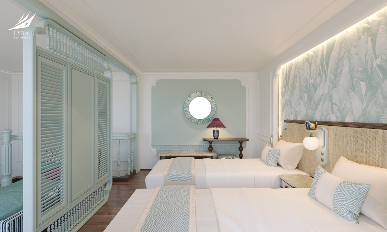 Luxury beach resort bedroom, elegant interior, serene décor, tropical getaway, comfortable Accommodation.