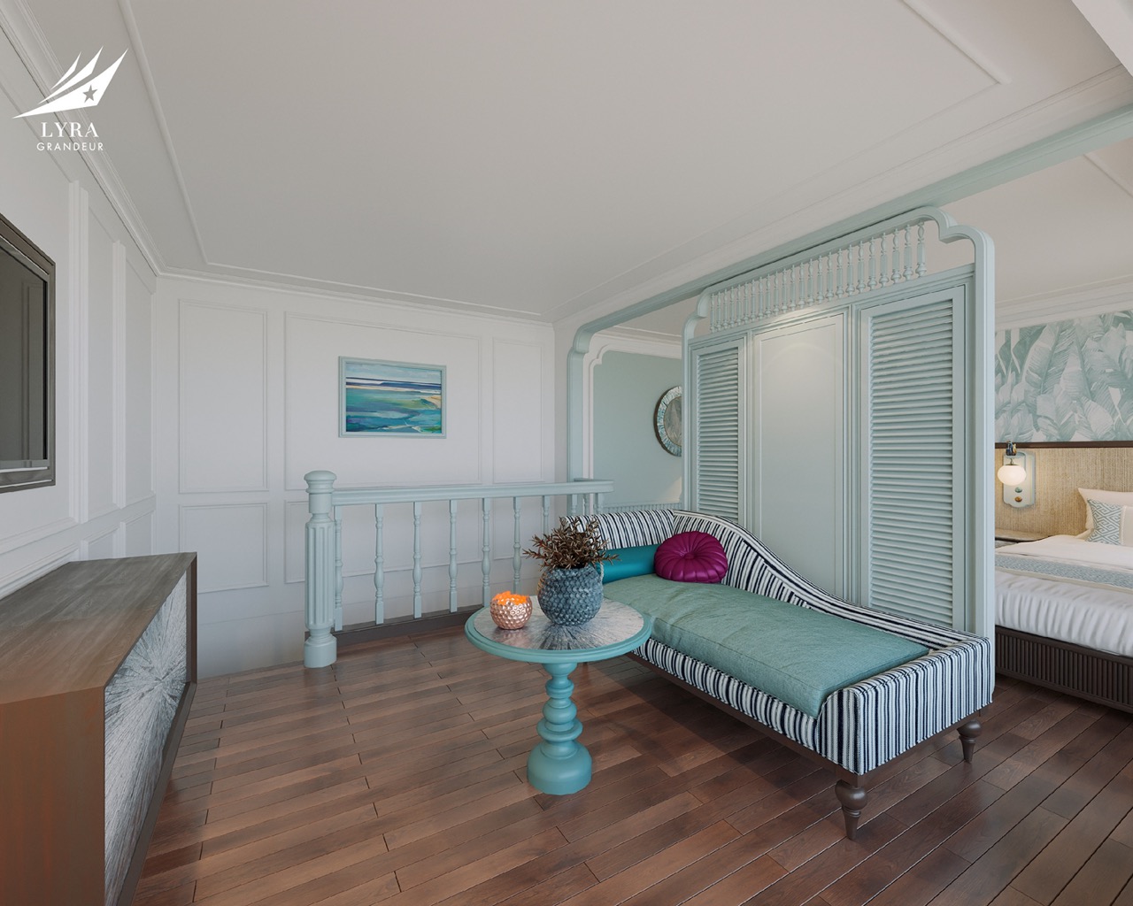 Bright coastal-themed hotel suite with stylish furniture, blue accents, and ocean artwork for a relaxing stay.