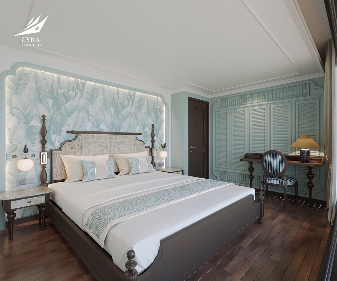 Luxurious hotel bedroom with elegant decor and tropical-themed wallpaper for a relaxing stay.