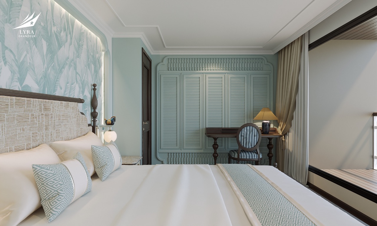 Luxurious hotel bedroom with elegant decor and soft pastel tones for a relaxing stay.