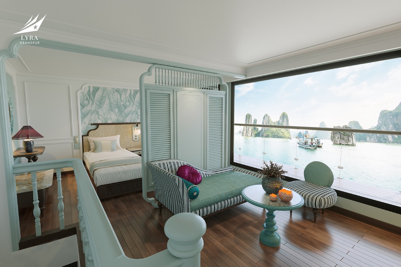 Luxurious hotel room with sea view and modern decor at Lyra Grandeur, Vietnam.