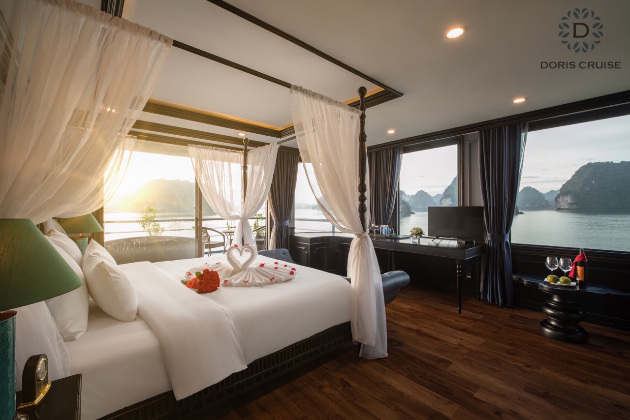 Elegant cruise balcony room overlooking Halong Bay, perfect for a romantic getaway and scenic views.