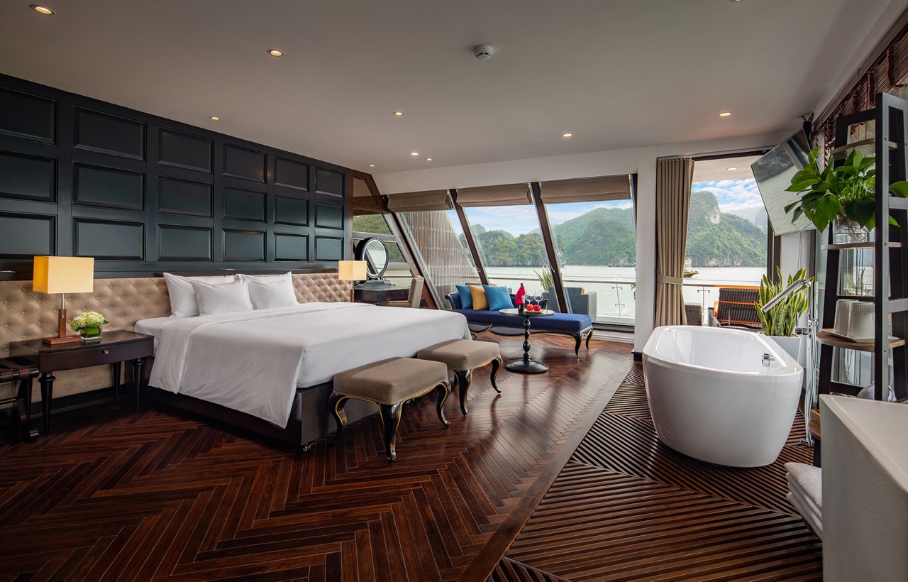 Luxurious hotel room with river view and modern amenities, perfect for relaxing stays in Vietnam.