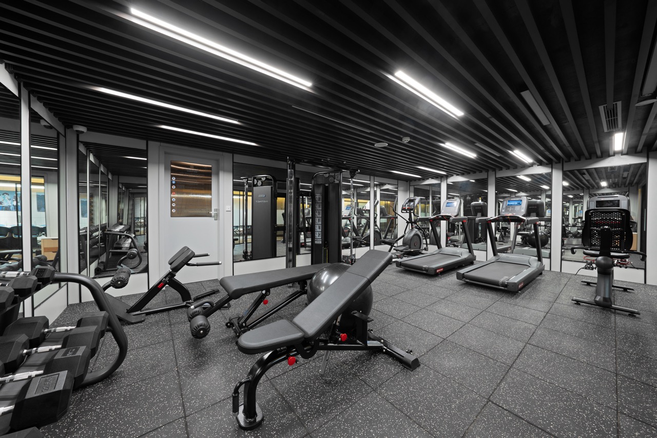 Modern gym with cardio and strength equipment in a sleek, well-lit fitness center.