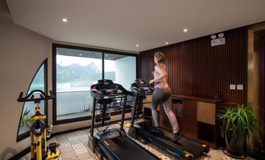 - Modern indoor gym with treadmill and exercise bike overlooking scenic mountain view.