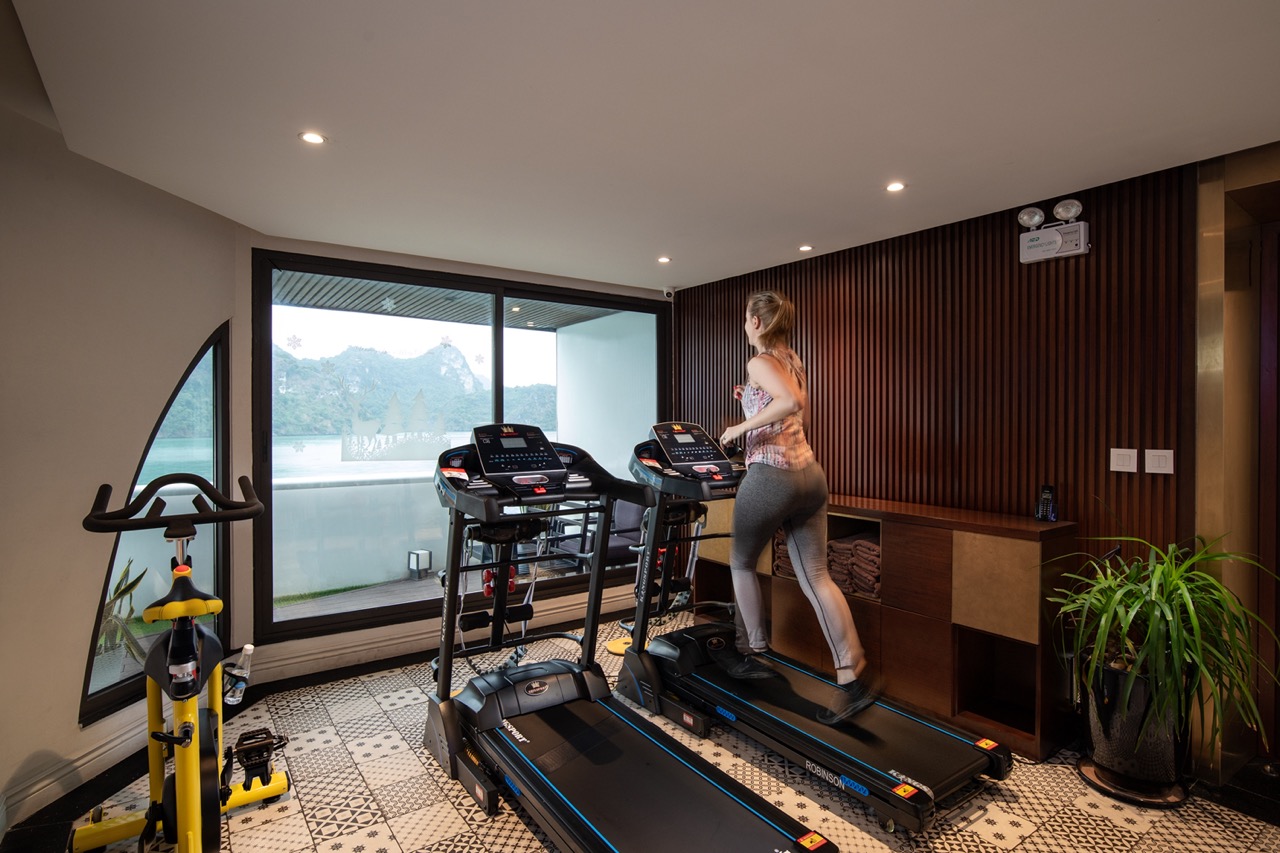 - Modern indoor gym with treadmill and exercise bike overlooking scenic mountain view.