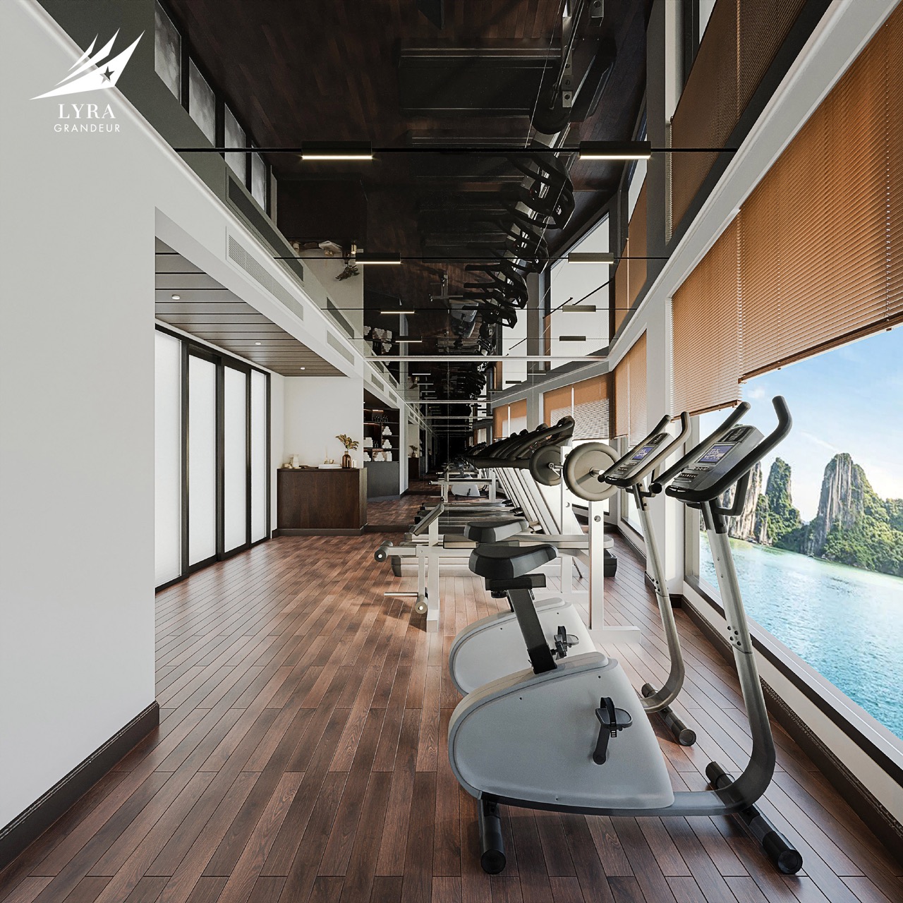 Modern gym room with exercise bikes and panoramic water views for fitness and relaxation.