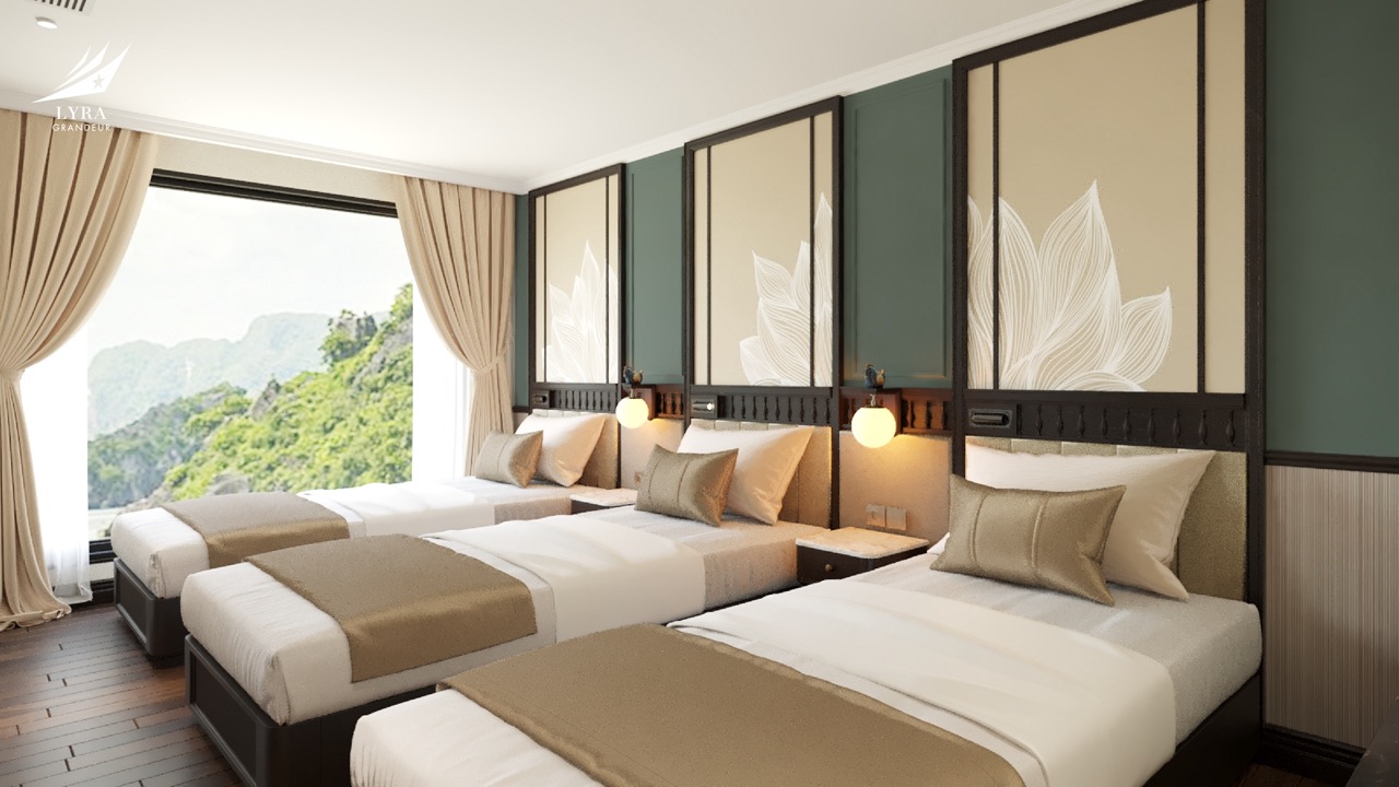 Modern hotel room with scenic mountain view and elegant decor, perfect for relaxing stays.