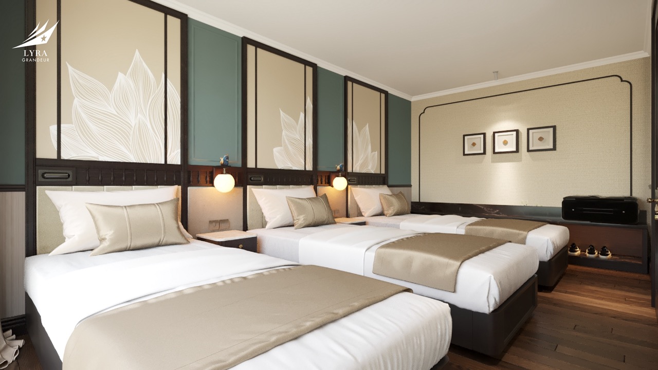 Elegant hotel room with modern design, comfortable beds, and stylish decor for a luxurious stay.