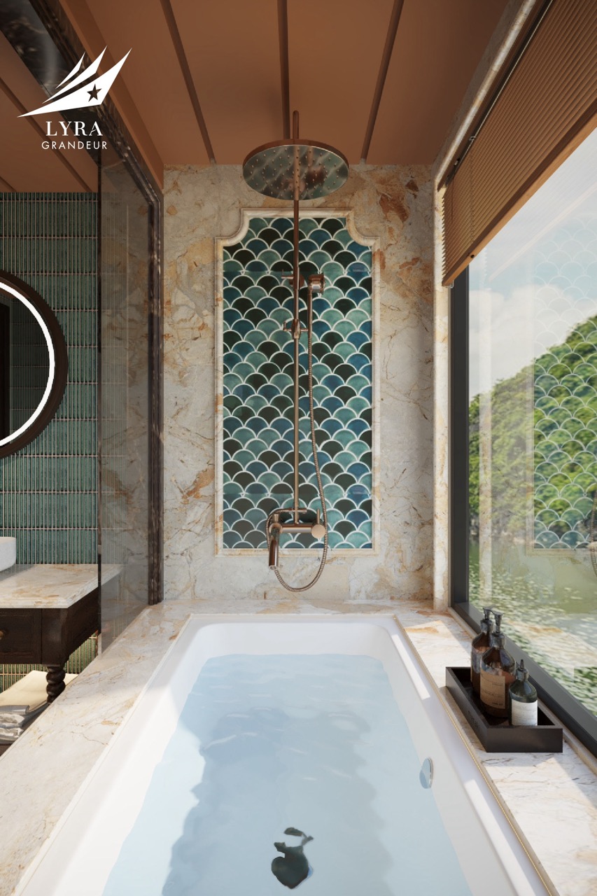 Luxurious indoor bathtub with mountain view and stylish tiled shower wall at Lyra Grandeur.