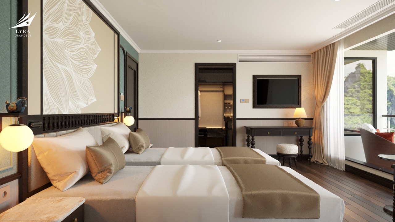 Luxury hotel room with modern decor, balcony view, and comfortable bedding.