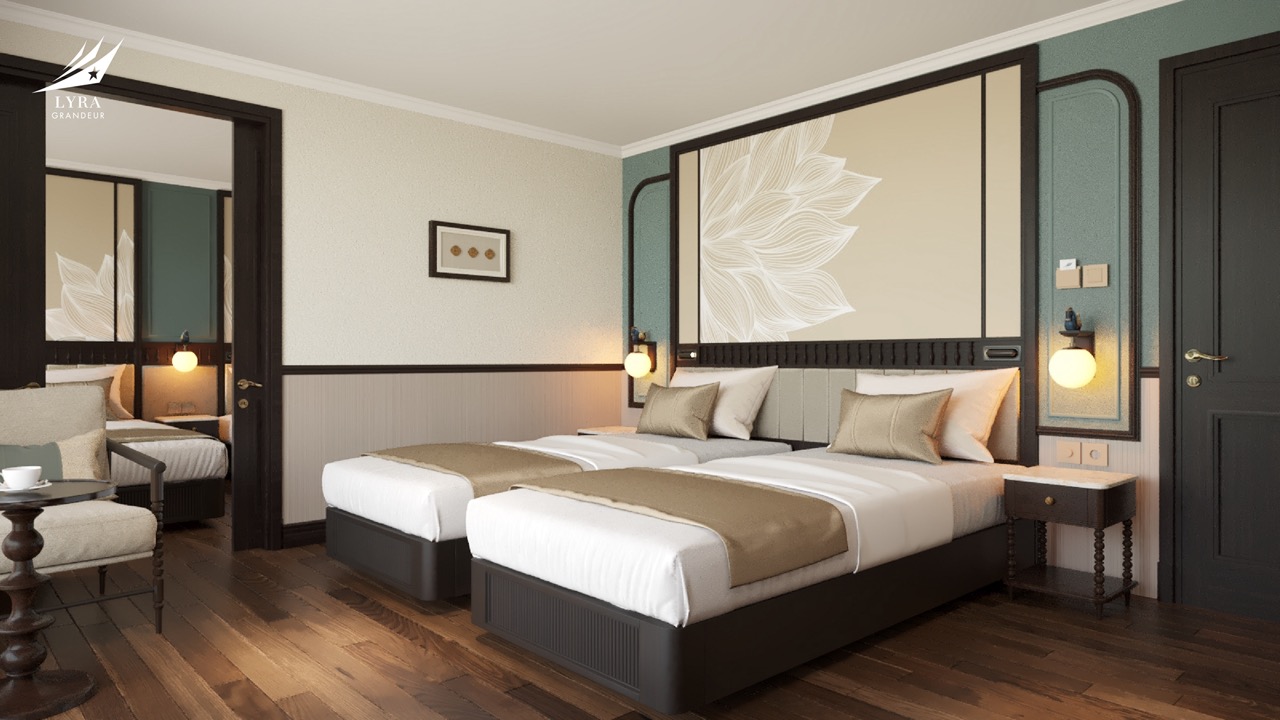 Elegant hotel room with twin beds and modern decor, perfect for luxury travel in Vietnam.