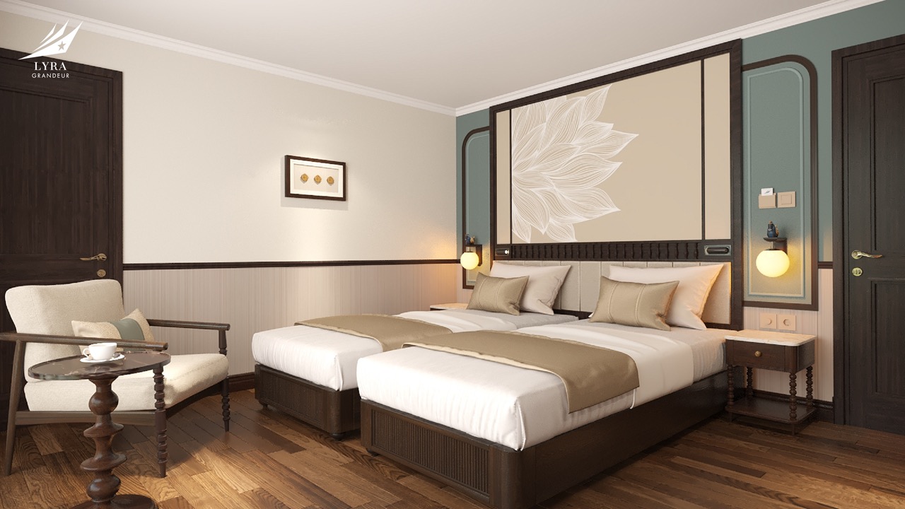 Comfortable hotel room with twin beds, elegant decor, and cozy seating area in a luxurious setting.
